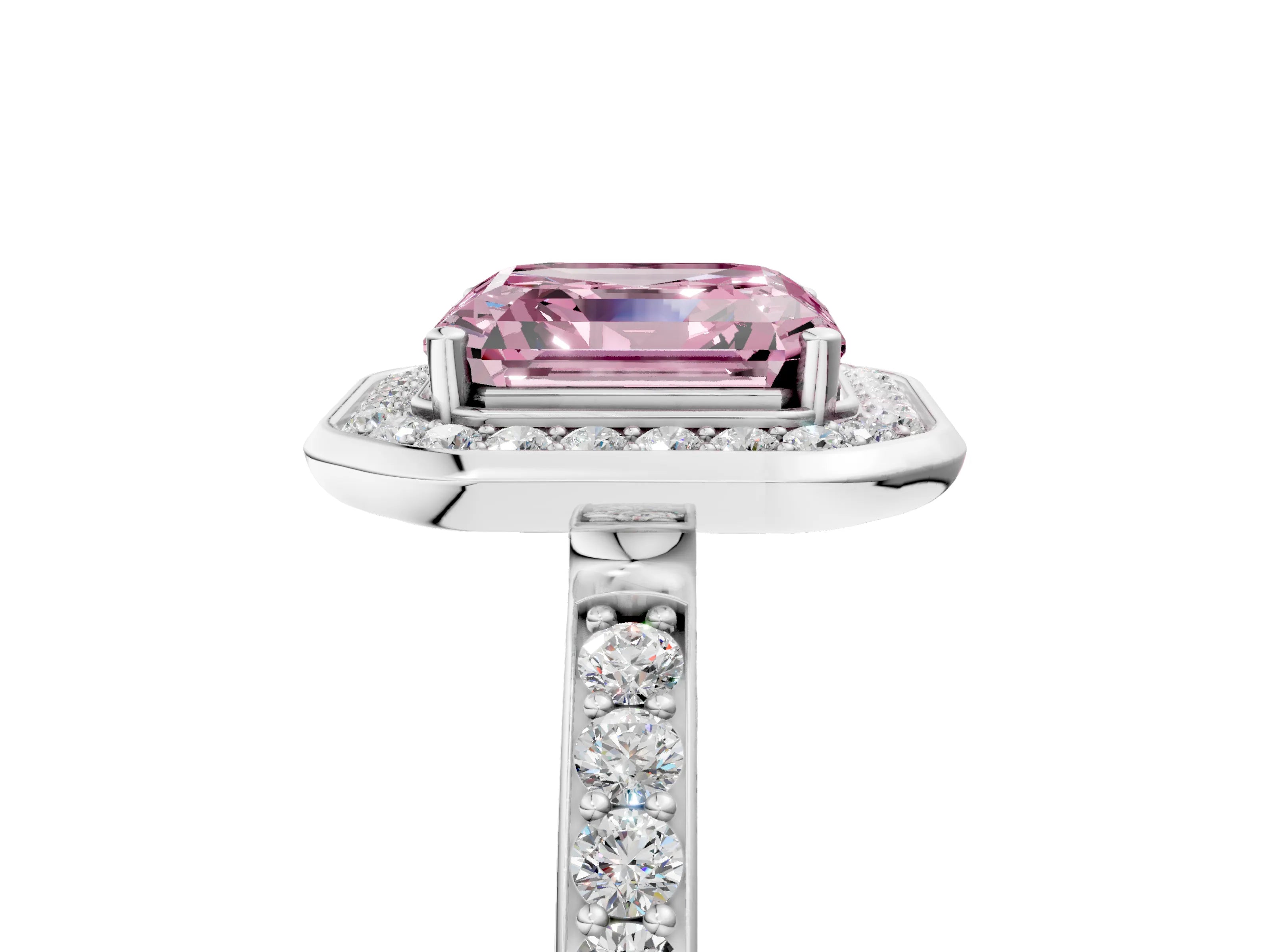 White gold Fancy Pink Asscher Cut Diamond Halo Ring with Bezel Frame and Pavé Band_5
