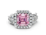 White gold Fancy Pink Asscher Cut Diamond Halo Ring with Milgrain Pavé Band and Four-Prong Setting_150