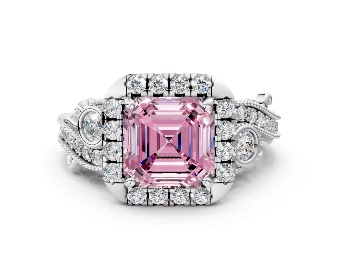 White gold Fancy Pink Asscher Cut Diamond Halo Ring with Milgrain Pavé Band and Four-Prong Setting_151