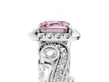 White gold Fancy Pink Asscher Cut Diamond Halo Ring with Milgrain Pavé Band and Four-Prong Setting_155