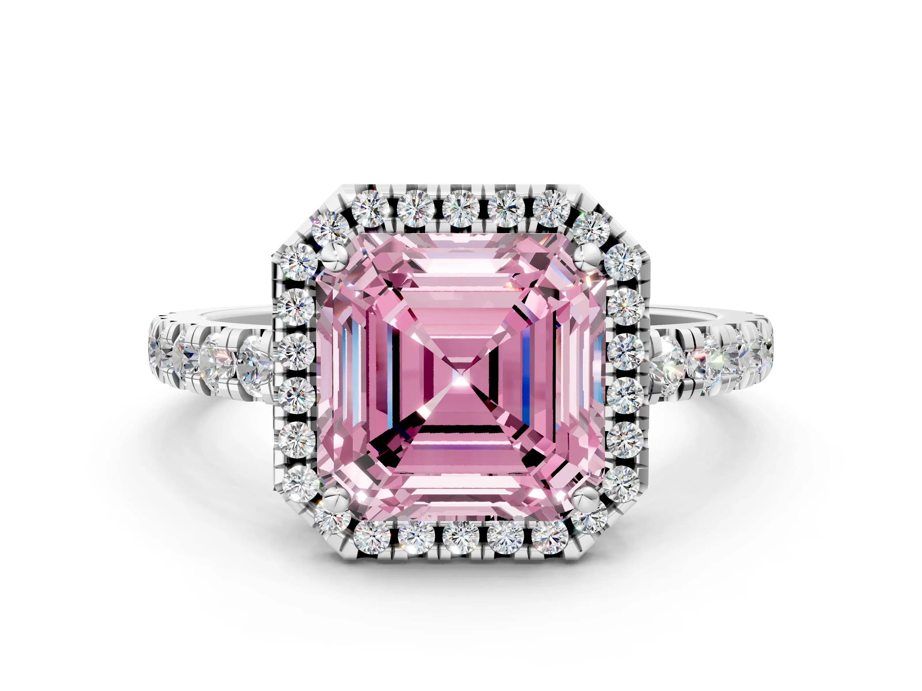White gold Fancy Pink Asscher Cut Diamond Halo Ring with Pavé Band and Four-Prong Setting_12