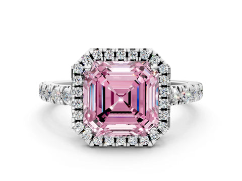 White gold Fancy Pink Asscher Cut Diamond Halo Ring with Pavé Band and Four-Prong Setting_12