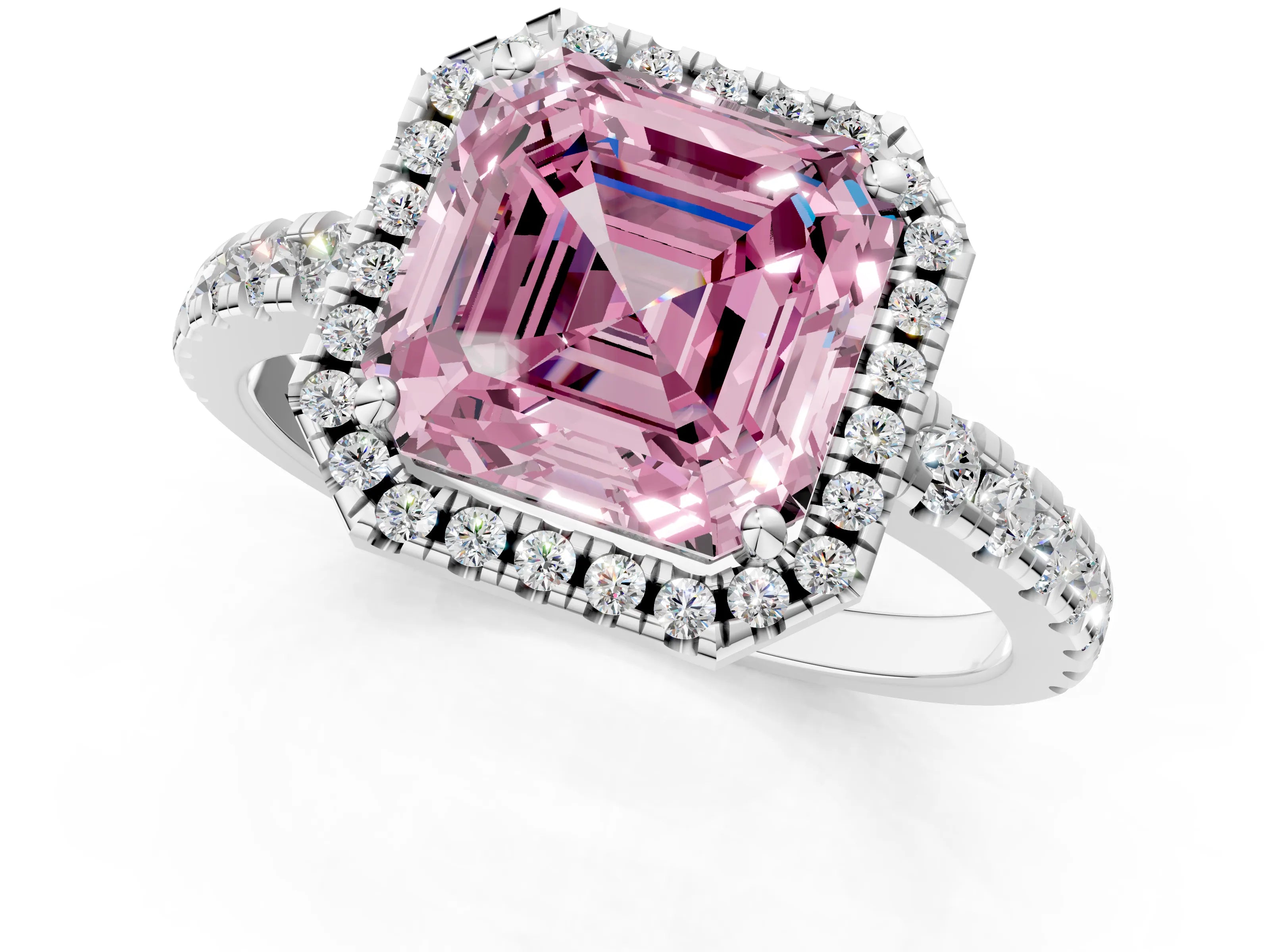 White gold Fancy Pink Asscher Cut Diamond Halo Ring with Pavé Band and Four-Prong Setting_13