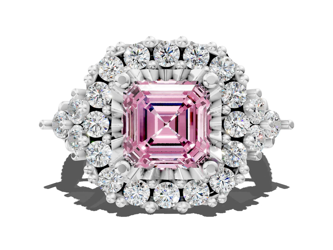 White gold Fancy Pink Asscher Cut Diamond Halo Ring with Pavé Band and Four-Prong Setting_28
