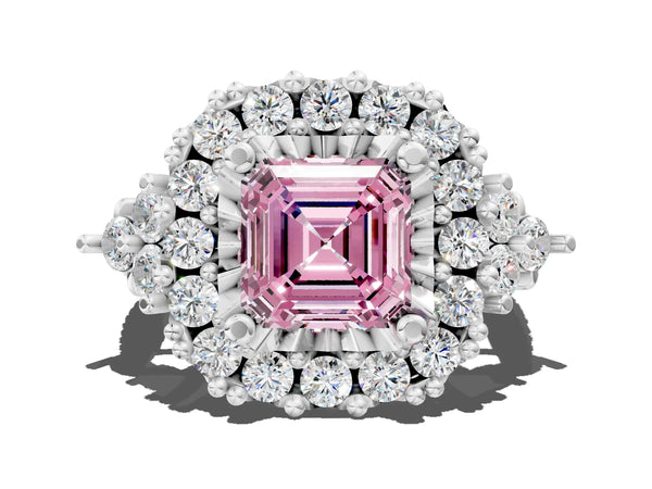 Platinum Asscher Cut Halo Crossover Pave Engagement Ring Setting for Fancy Pink Center