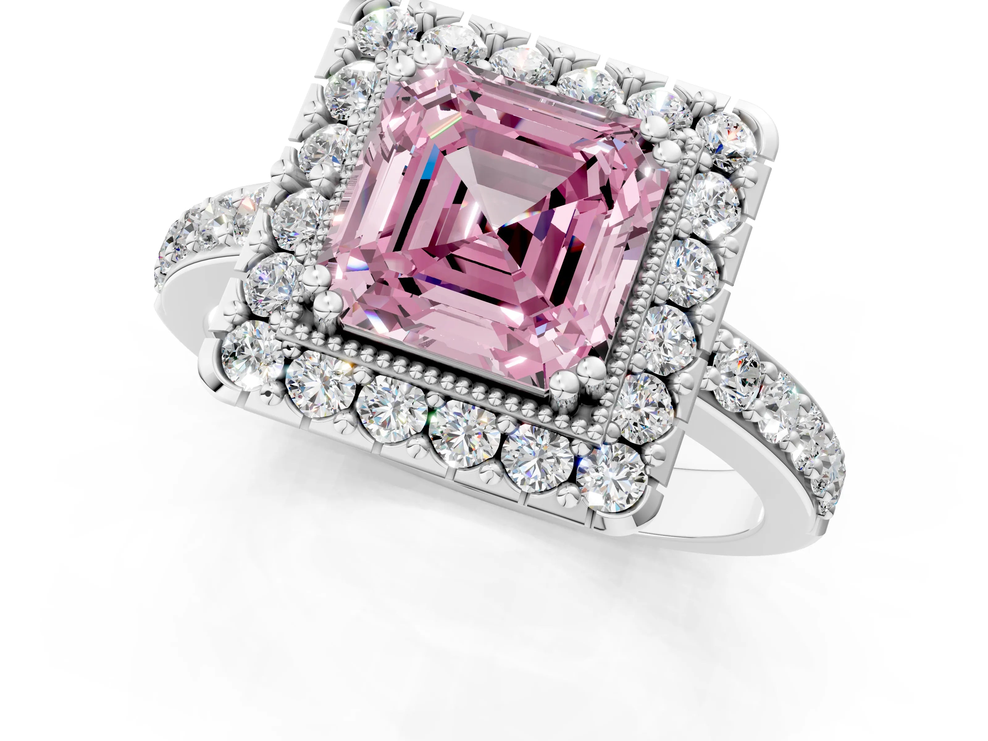 White gold Fancy Pink Asscher Cut Diamond Halo Ring with Pavé Band and Prong Setting_1