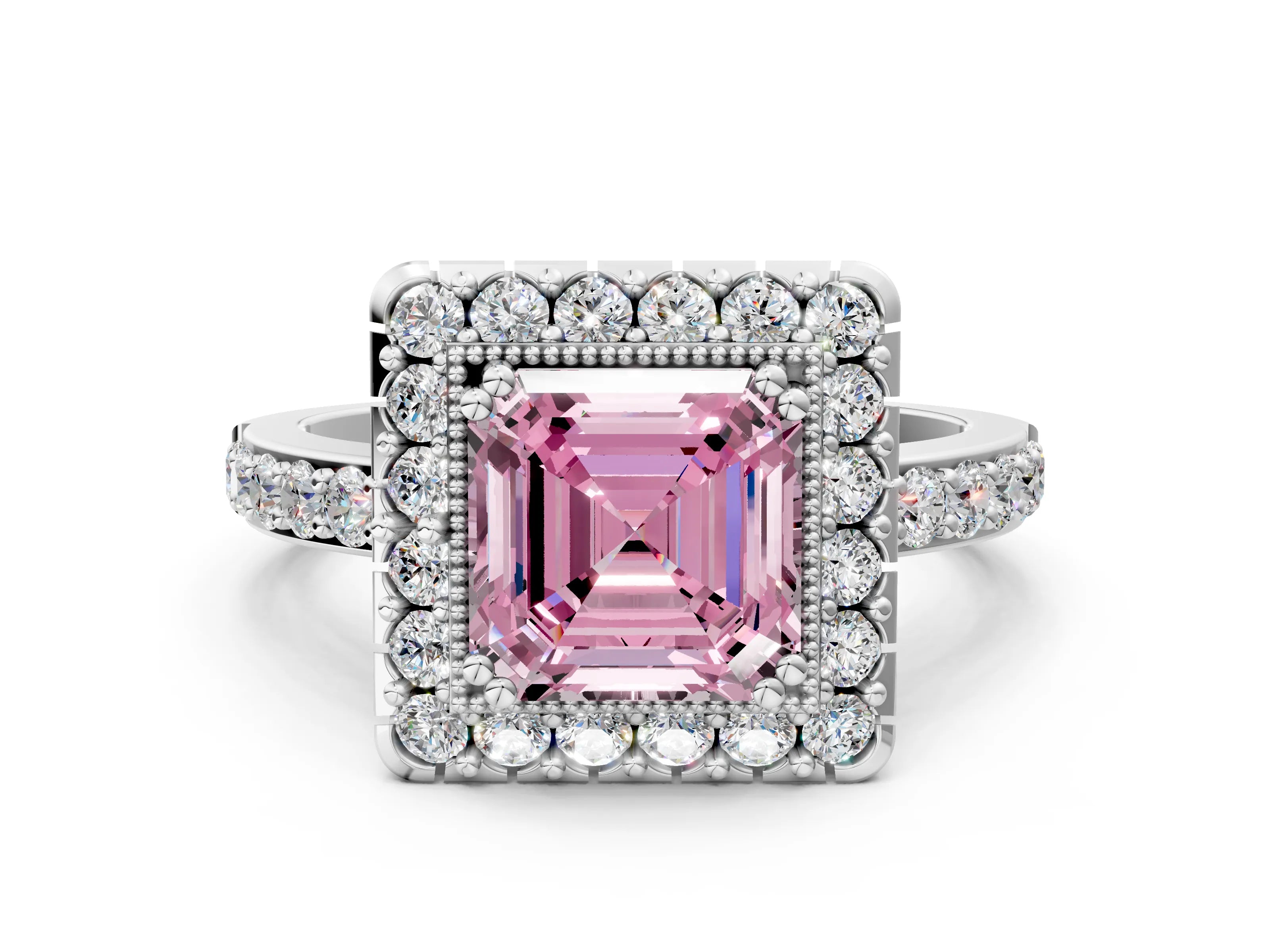 White gold Fancy Pink Asscher Cut Diamond Halo Ring with Pavé Band and Prong Setting_12