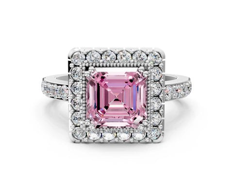 White gold Fancy Pink Asscher Cut Diamond Halo Ring with Pavé Band and Prong Setting_12