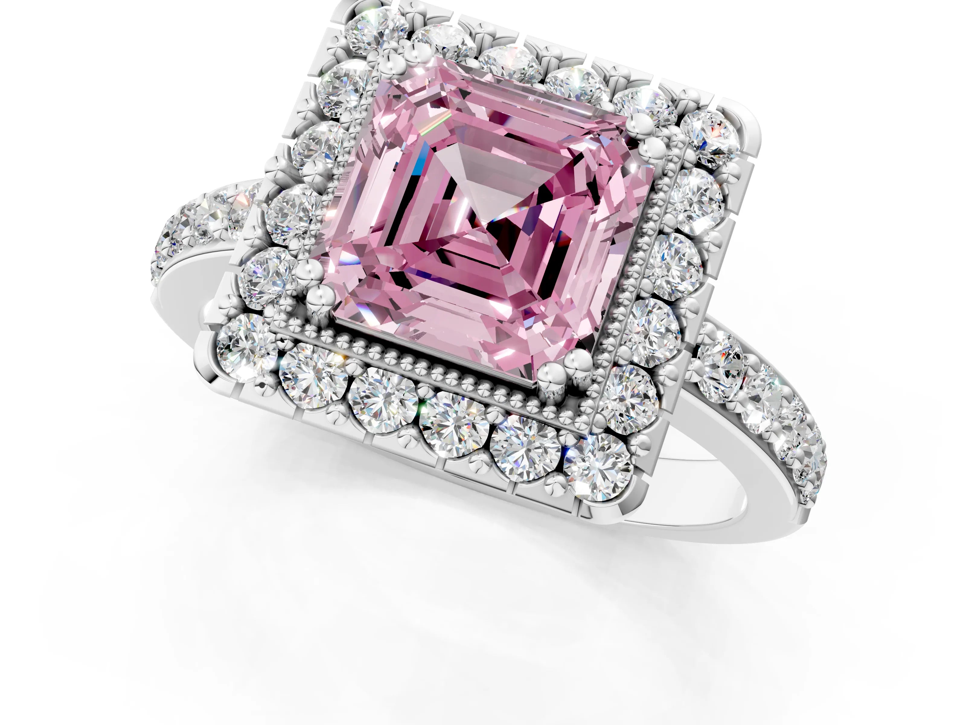 White gold Fancy Pink Asscher Cut Diamond Halo Ring with Pavé Band and Prong Setting_13