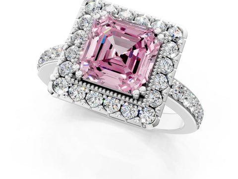 White gold Fancy Pink Asscher Cut Diamond Halo Ring with Pavé Band and Prong Setting_13