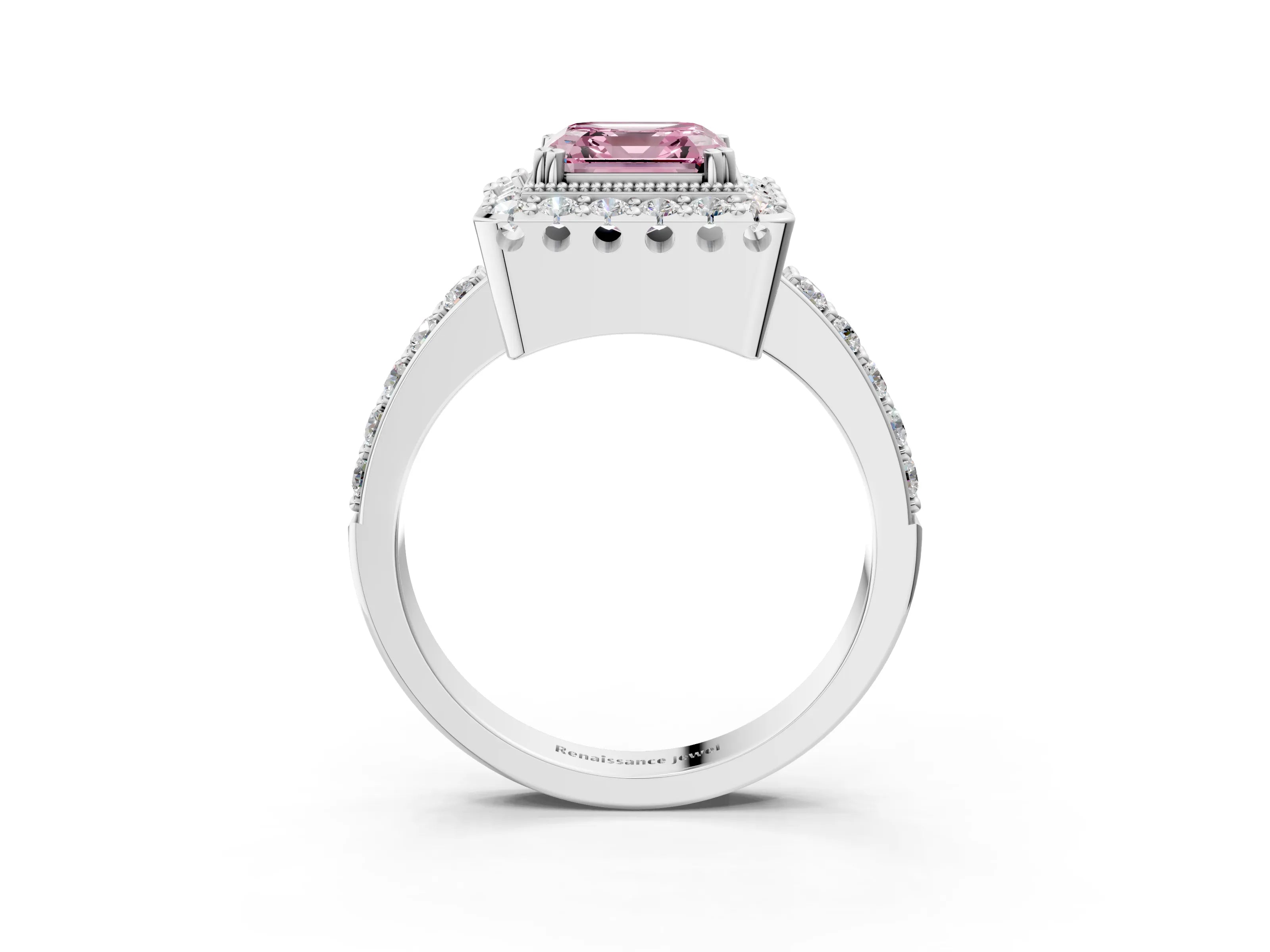 White gold Fancy Pink Asscher Cut Diamond Halo Ring with Pavé Band and Prong Setting_15