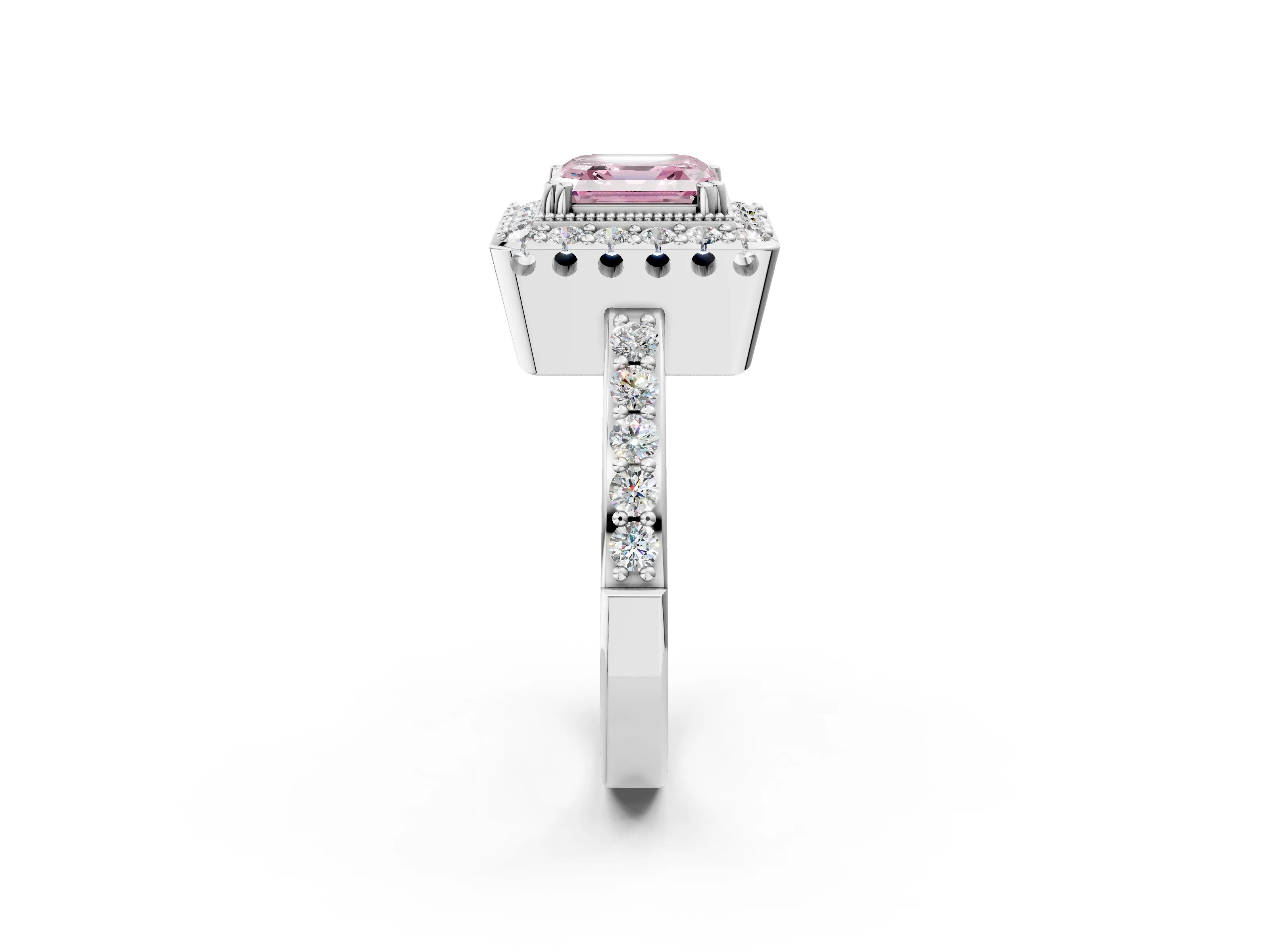 White gold Fancy Pink Asscher Cut Diamond Halo Ring with Pavé Band and Prong Setting_2