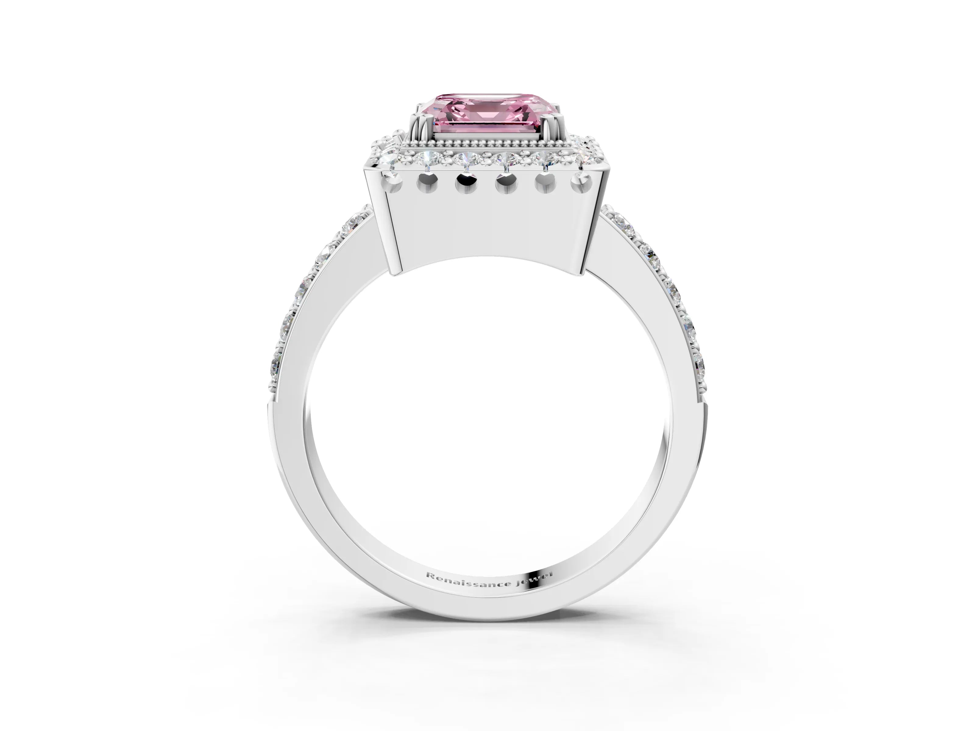 White gold Fancy Pink Asscher Cut Diamond Halo Ring with Pavé Band and Prong Setting_3