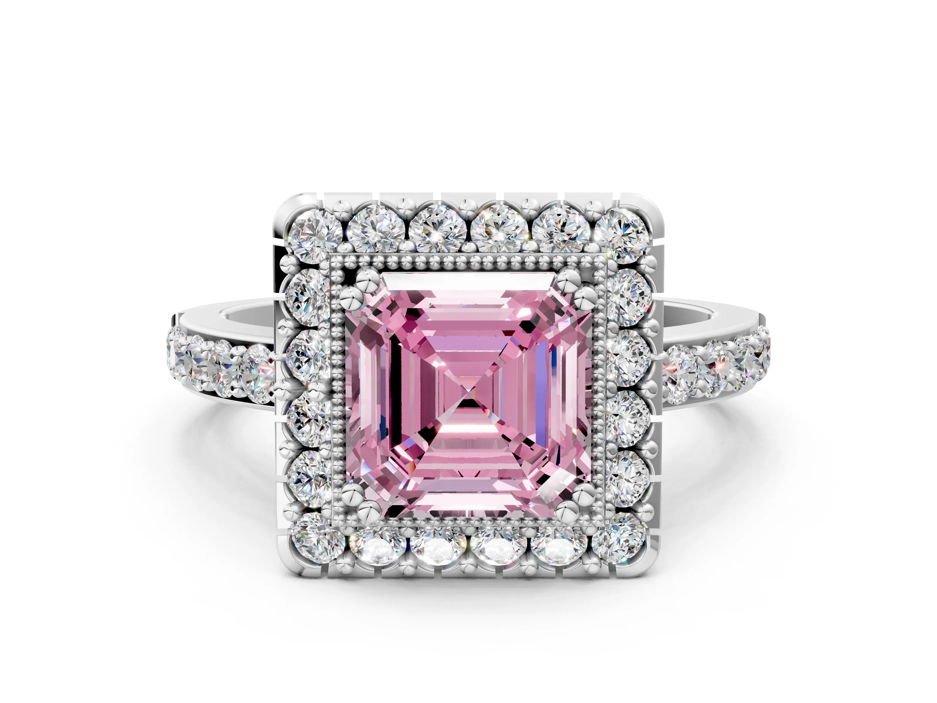 White gold Fancy Pink Asscher Cut Diamond Halo Ring with Pavé Band and Prong Setting