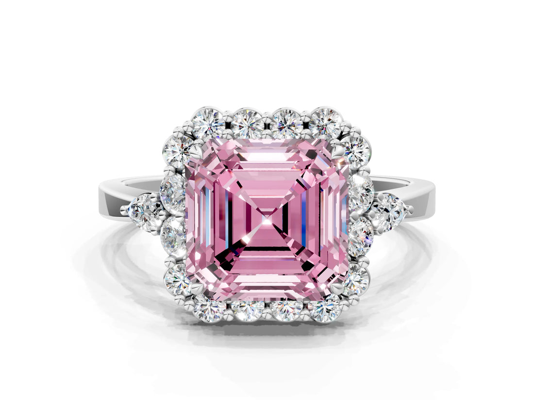 White gold Fancy Pink Asscher Cut Diamond Halo Ring with Pear Side Stones and Prong Setting_57