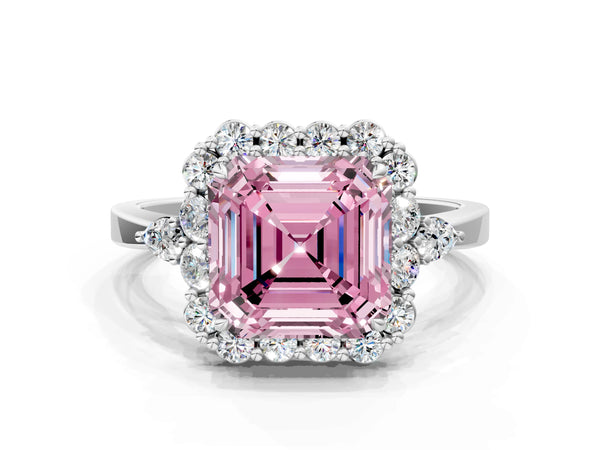Platinum Asscher Cut Halo Engagement Ring Setting for Fancy Pink Center with Pear Accents