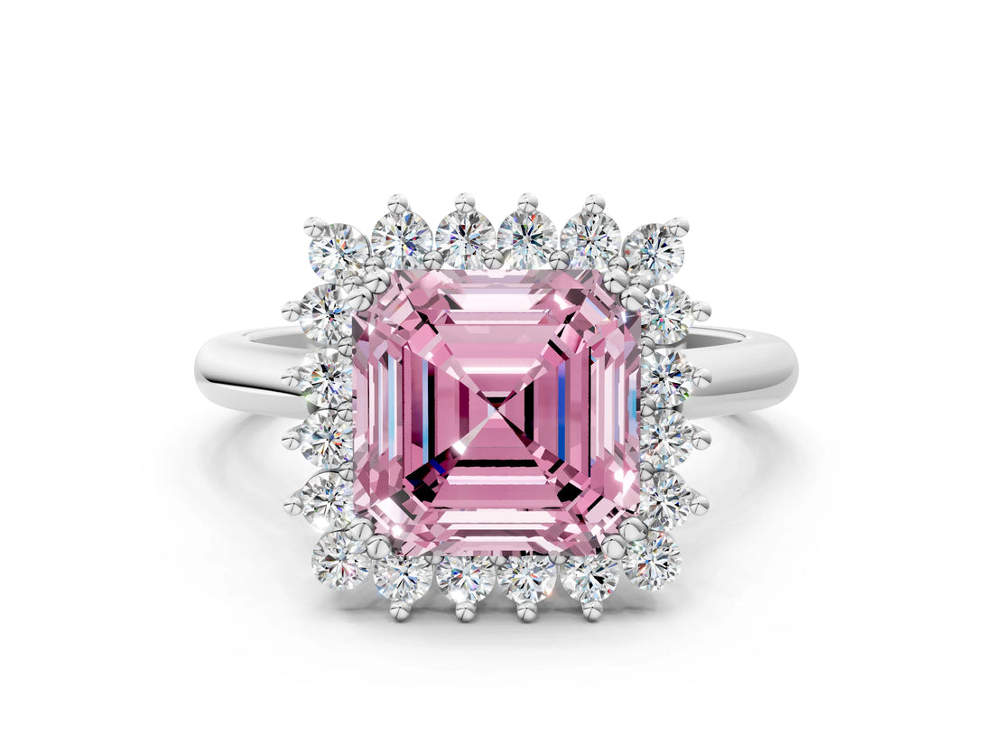 White gold Fancy Pink Asscher  Cut Diamond Halo Ring with Solitaire Band and Prong Setting_64