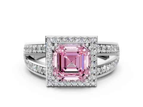 White gold Fancy Pink Asscher Cut Diamond Halo Ring with Split Shank Pavé Band and Four-Prong Setting_12