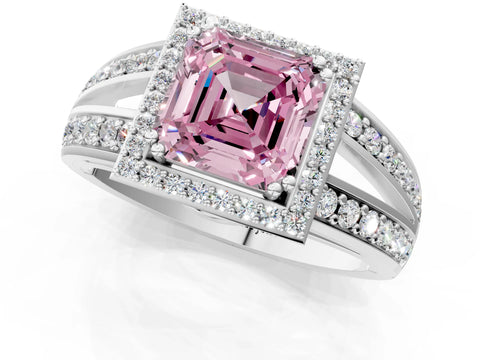 White gold Fancy Pink Asscher Cut Diamond Halo Ring with Split Shank Pavé Band and Four-Prong Setting_13