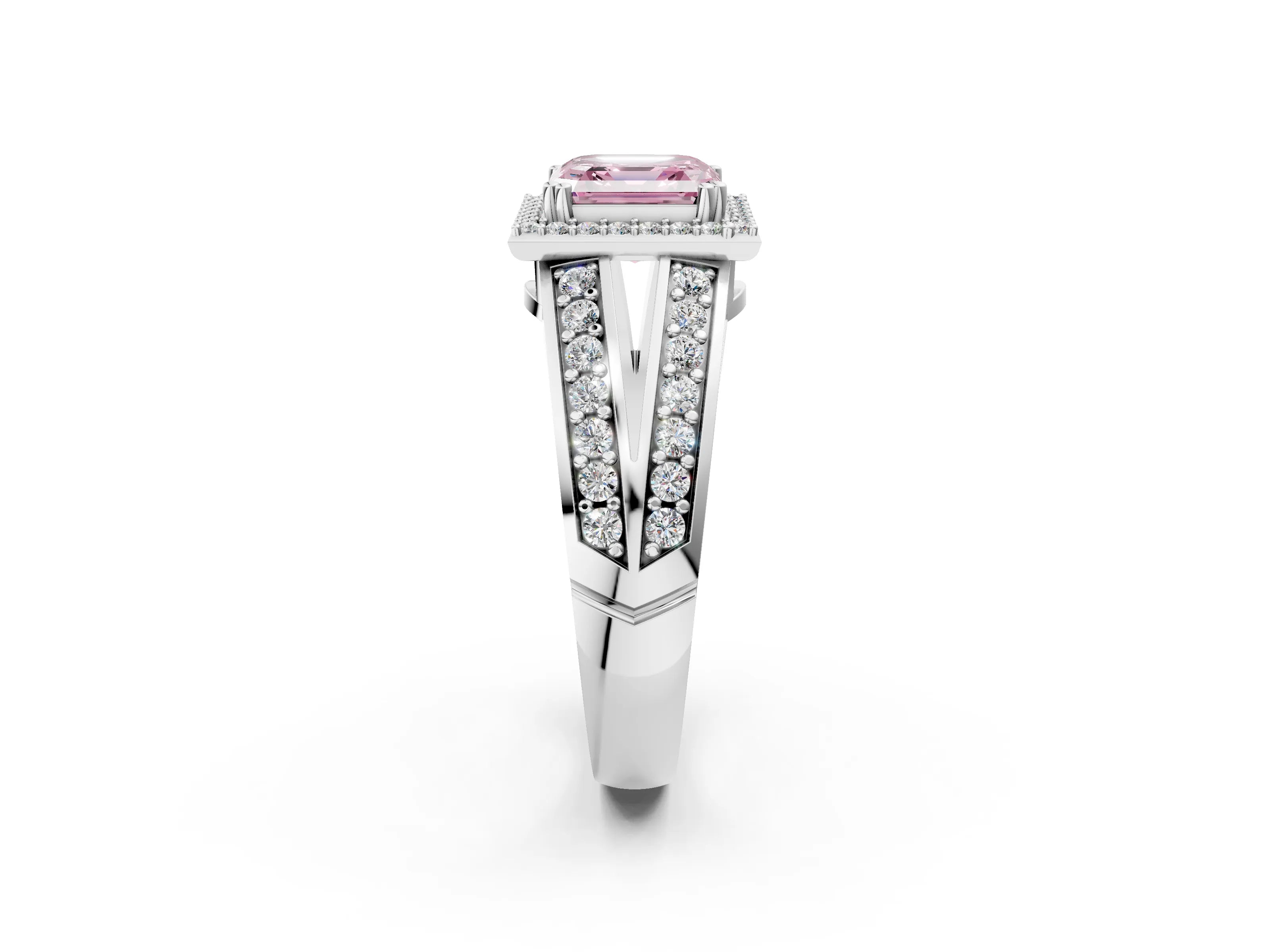White gold Fancy Pink Asscher Cut Diamond Halo Ring with Split Shank Pavé Band and Four-Prong Setting_14