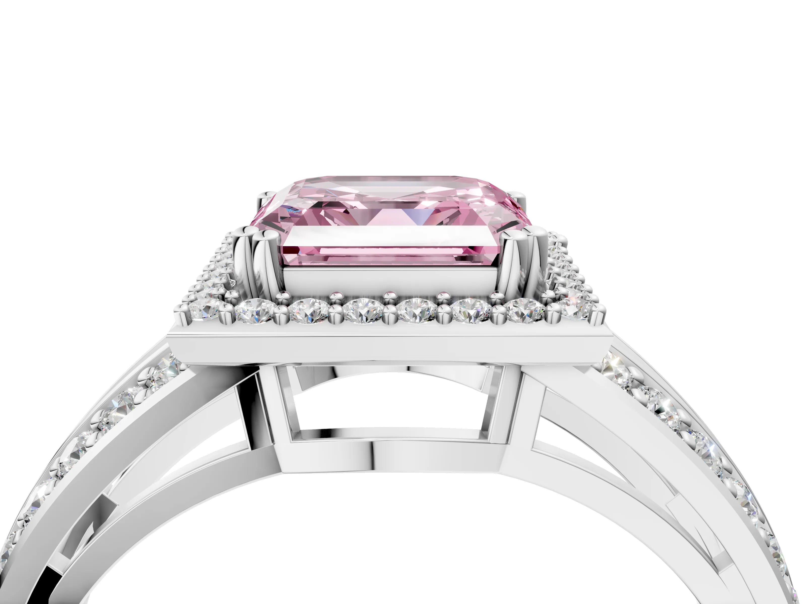 White gold Fancy Pink Asscher Cut Diamond Halo Ring with Split Shank Pavé Band and Four-Prong Setting_16