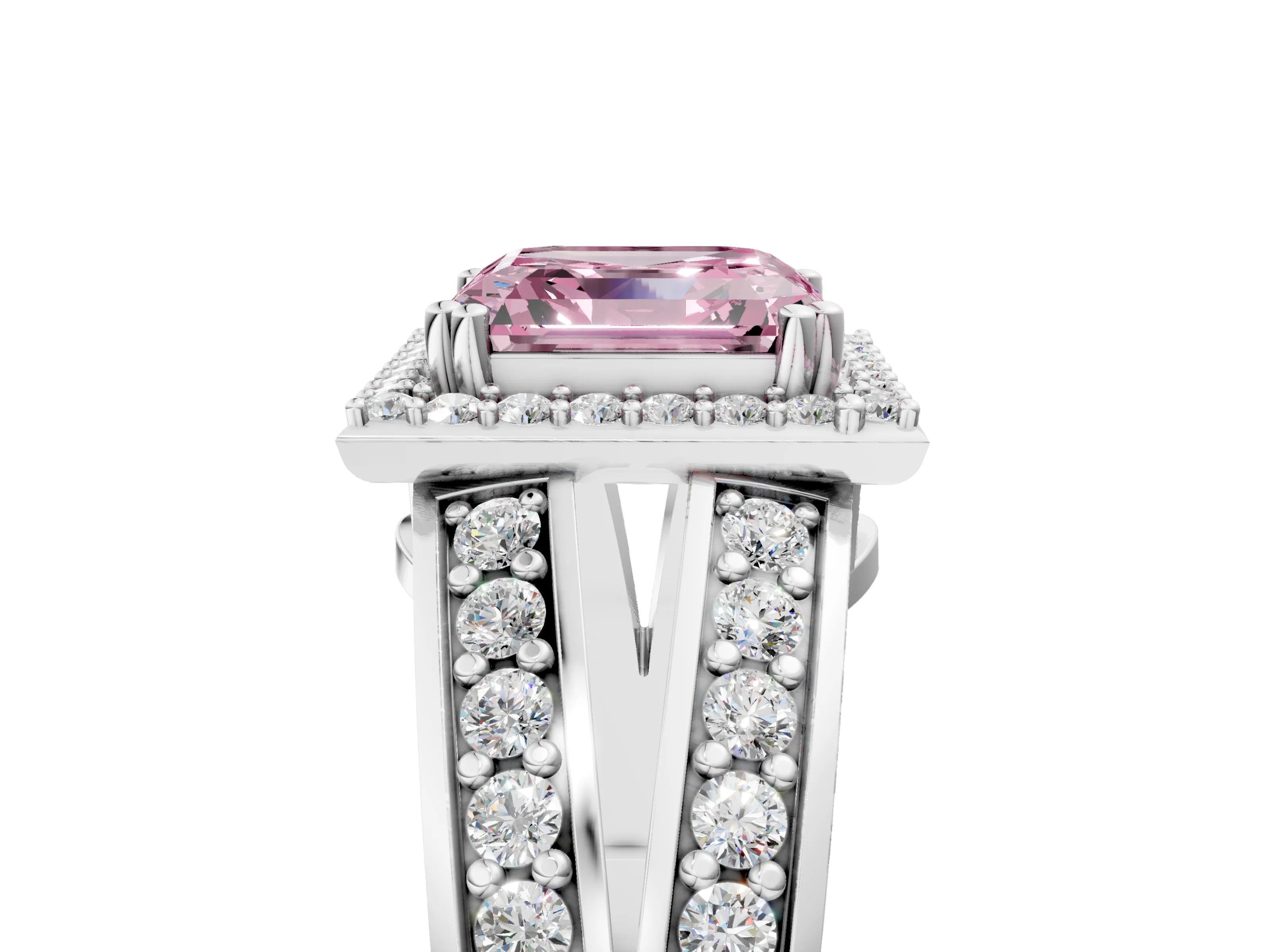 White gold Fancy Pink Asscher Cut Diamond Halo Ring with Split Shank Pavé Band and Four-Prong Setting_17