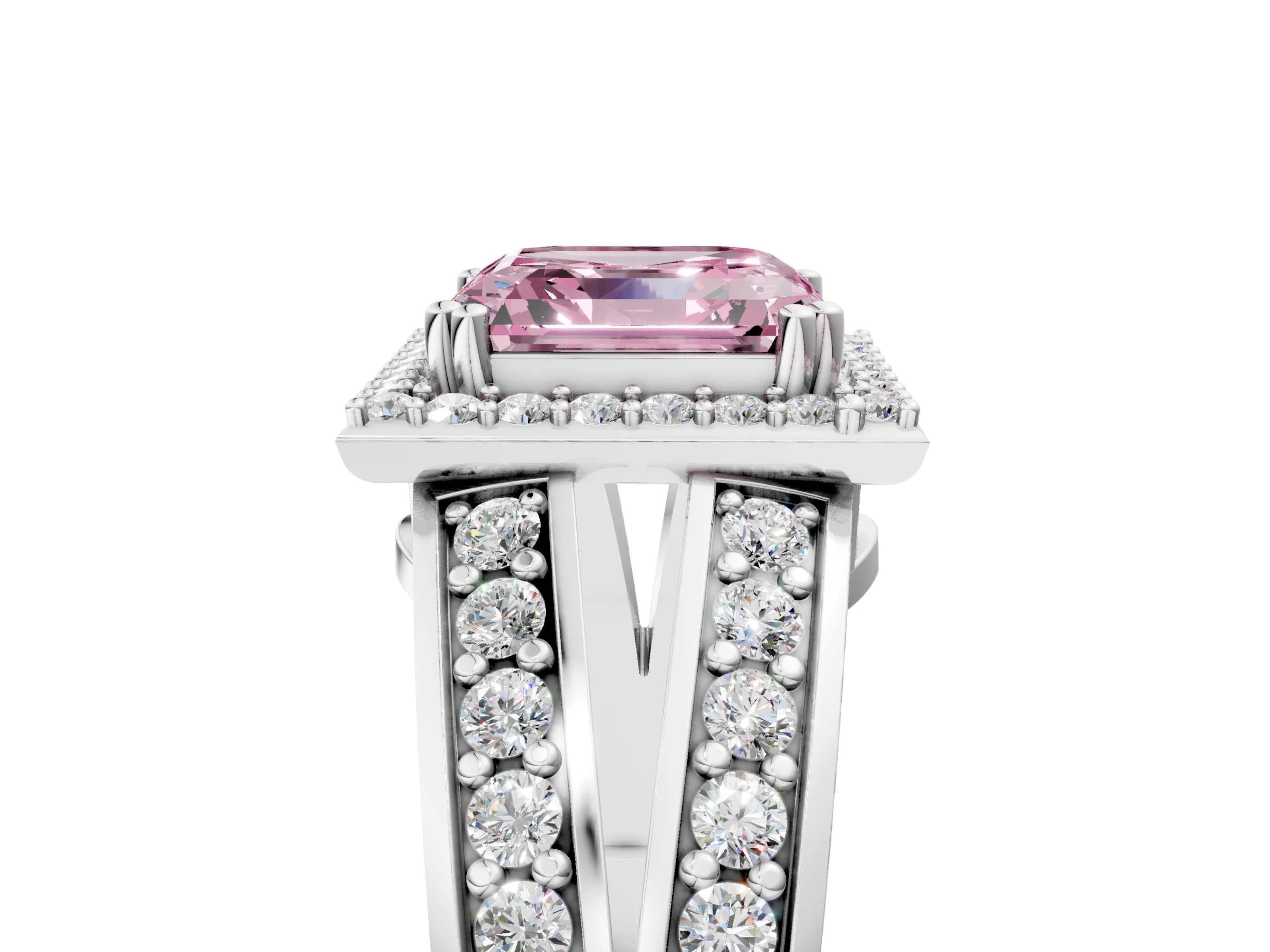 White gold Fancy Pink Asscher Cut Diamond Halo Ring with Split Shank Pavé Band and Four-Prong Setting_5