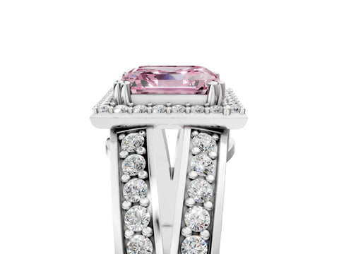White gold Fancy Pink Asscher Cut Diamond Halo Ring with Split Shank Pavé Band and Four-Prong Setting_5