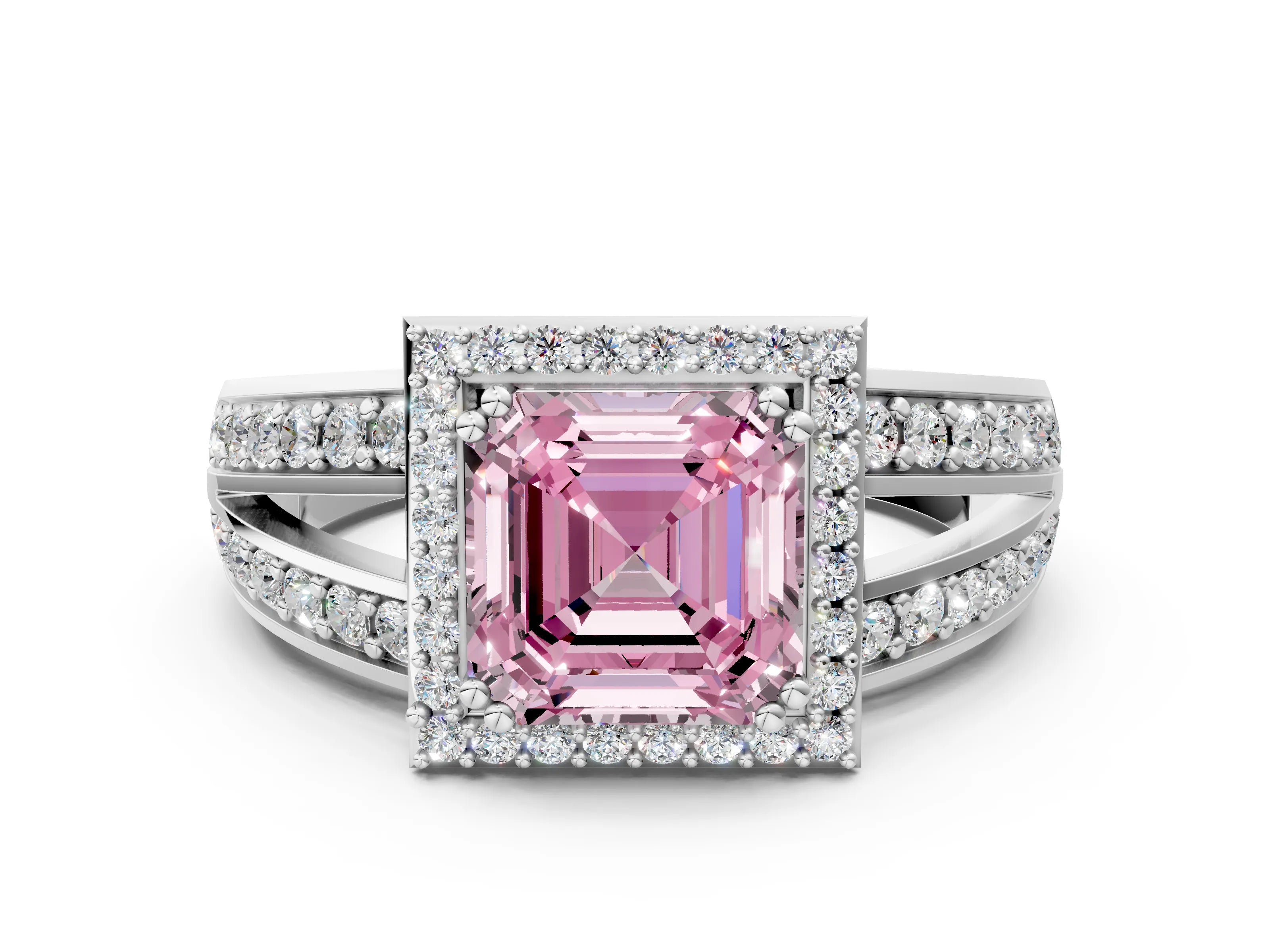 White gold Fancy Pink Asscher Cut Diamond Halo Ring with Split Shank Pavé Band and Four-Prong Setting