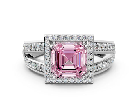 White gold Fancy Pink Asscher Cut Diamond Halo Ring with Split Shank Pavé Band and Four-Prong Setting