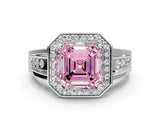 White gold Fancy Pink Asscher Cut Diamond Halo Ring with Split Shank and Bezel Accents and Prong Setting