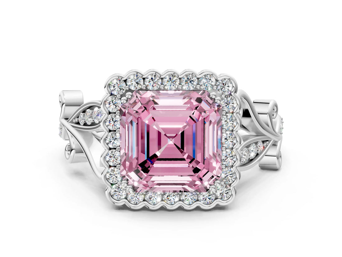 White gold Fancy Pink Asscher Cut Diamond Halo Ring with Vintage Split Shank and Four-Prong Setting_93