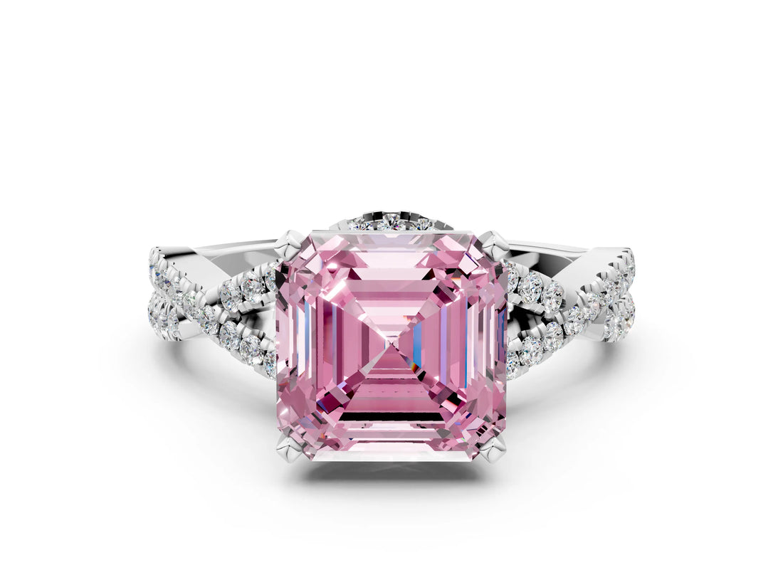 White gold Fancy Pink Asscher Cut Diamond  Halo Twist Band Solitaire Prong Setting Ring_13