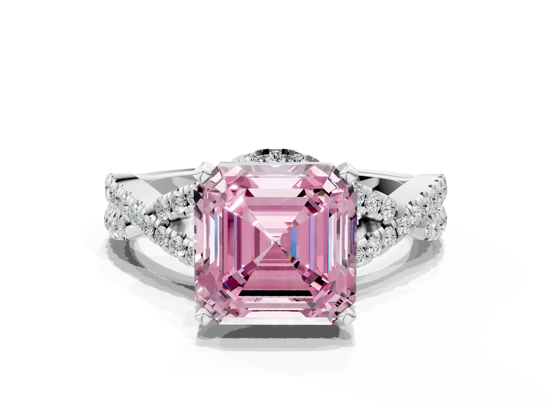 White gold Fancy Pink Asscher Cut Diamond  Halo Twist Band Solitaire Prong Setting Ring_51