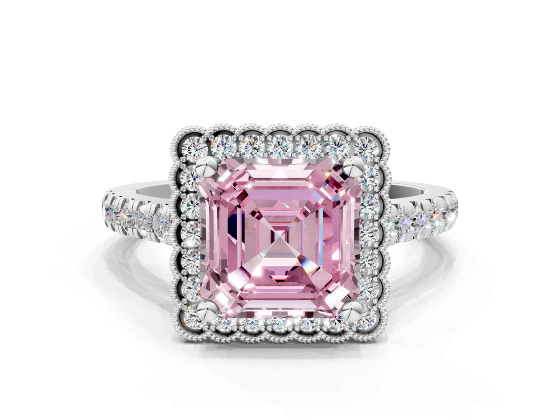 White gold Fancy Pink Asscher  Cut Diamond Milgrain Floral Halo Engagement Ring with Pavé Band_15