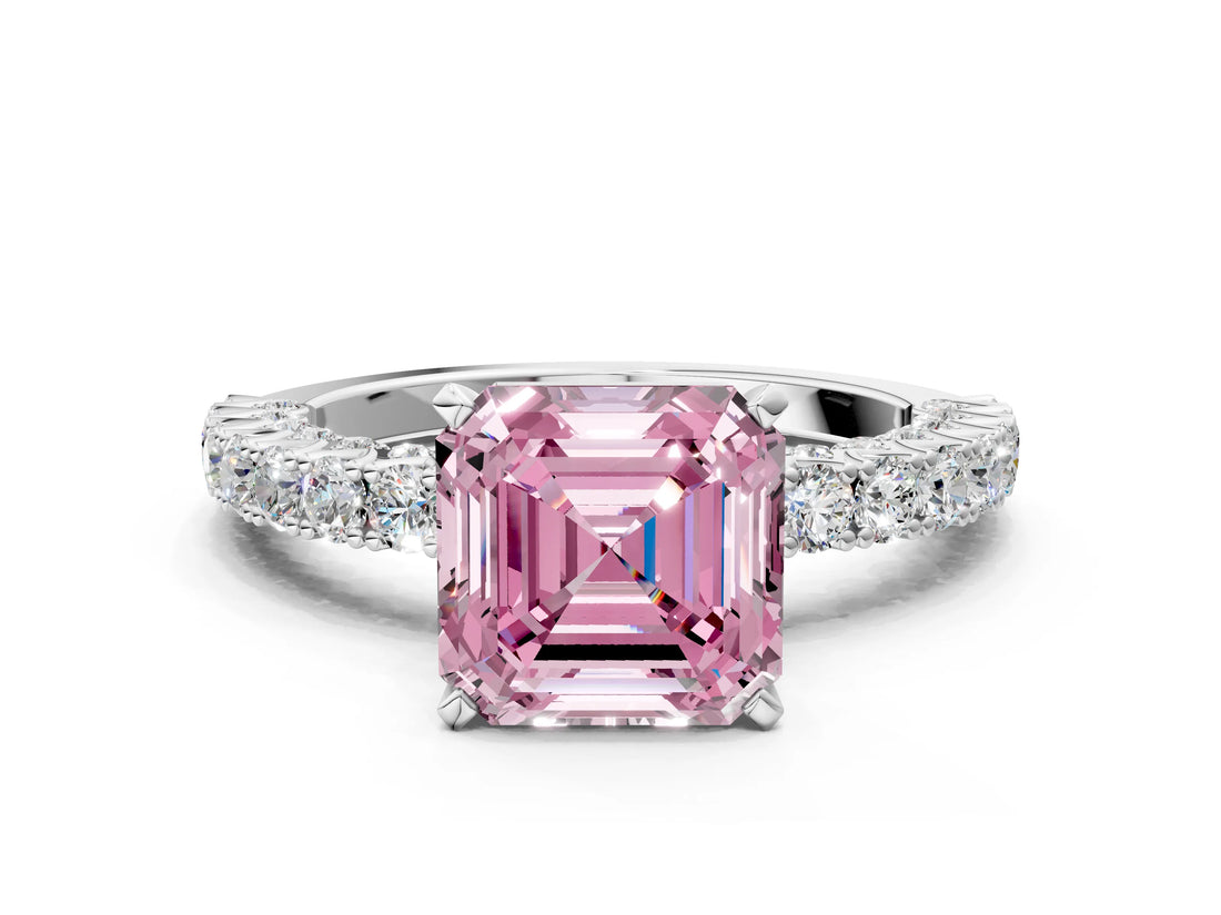 White gold Fancy Pink Asscher Cut Diamond Pavé Band Solitaire Ring with Prong Setting_17