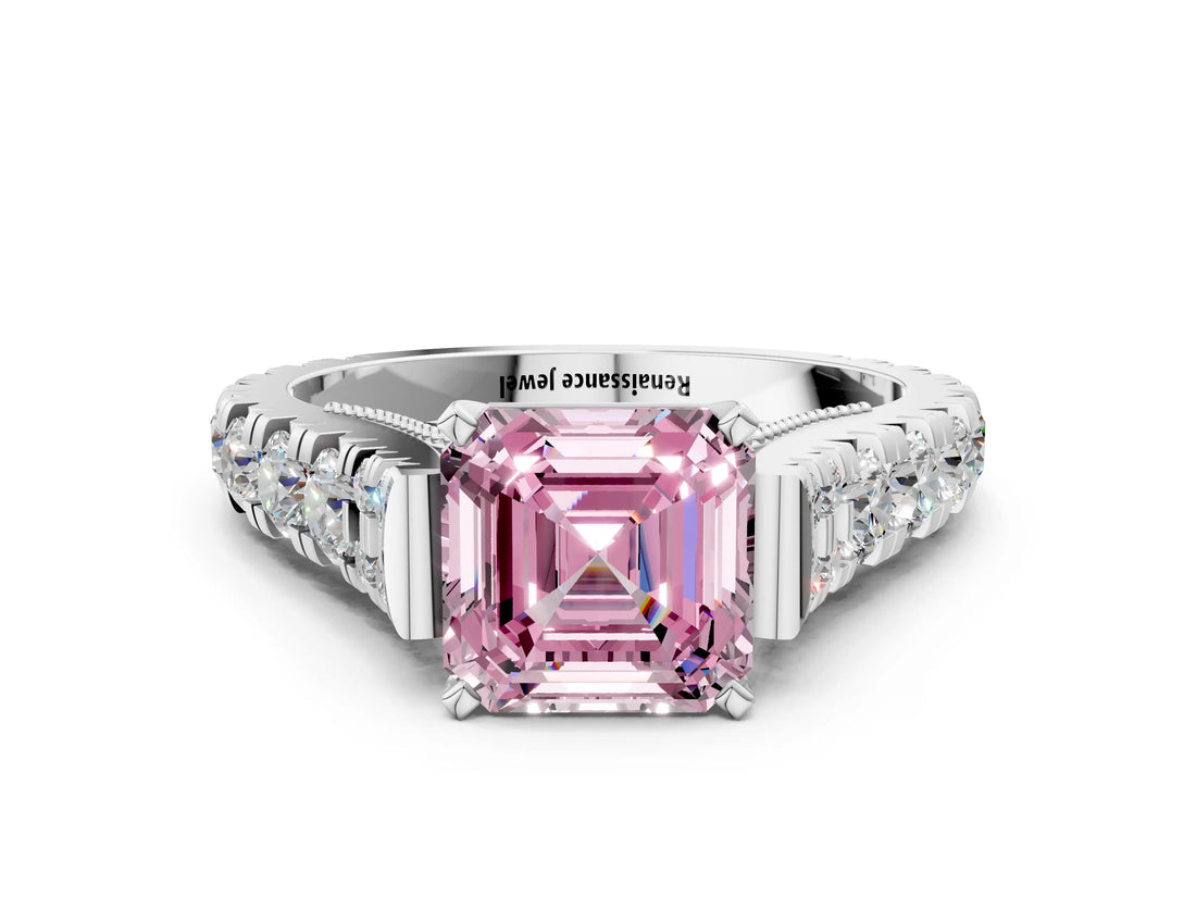 White gold Fancy Pink Asscher  Cut Diamond Pavé Band Solitaire with Four-Prong Setting_15
