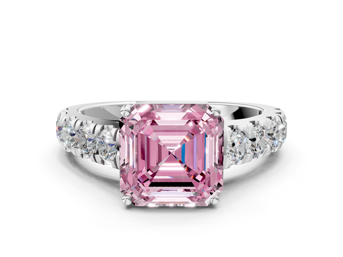 White gold Fancy Pink Asscher  Cut Diamond Pavé Band Solitaire with Four-Prong Setting_3