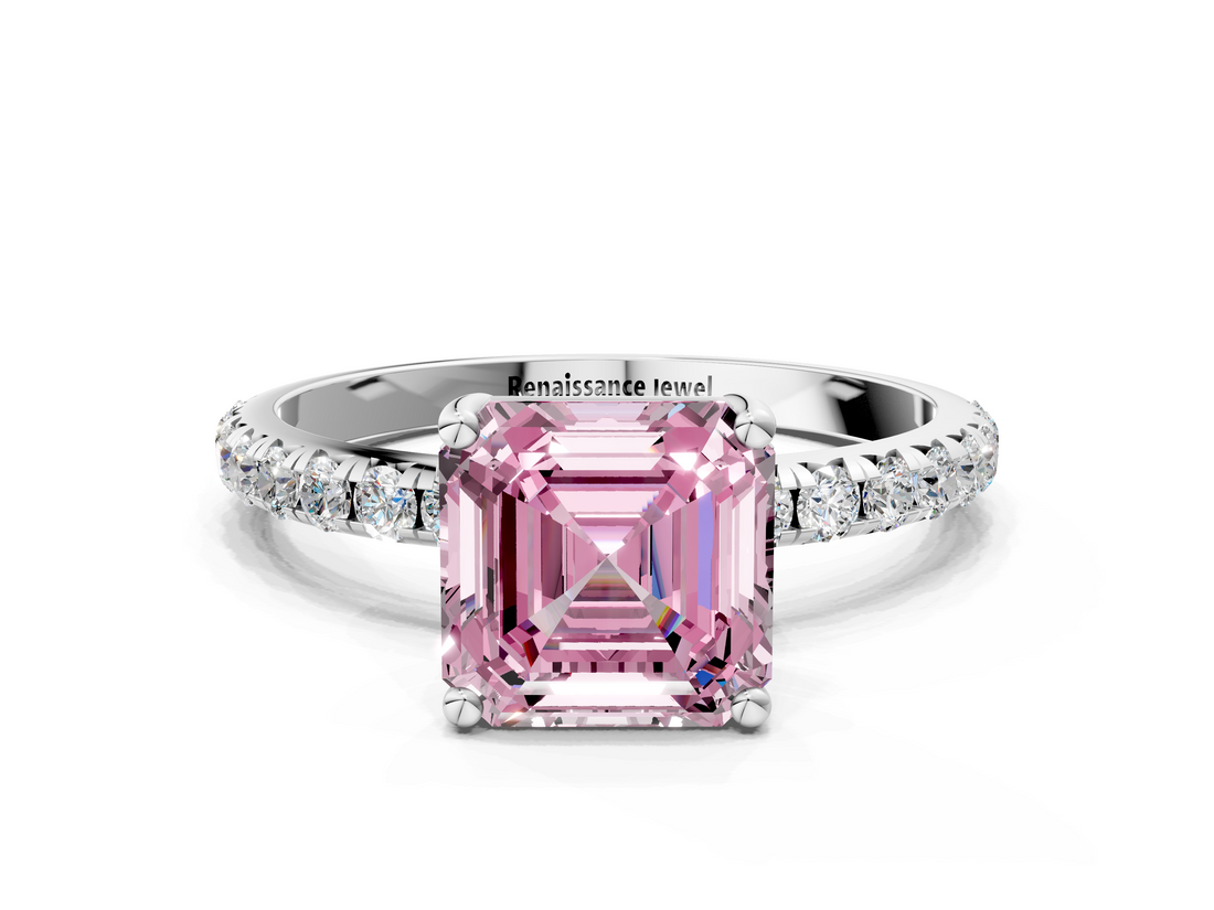 White gold Fancy Pink Asscher  Cut Diamond Pavé Band Solitaire with Four-Prong Setting_3