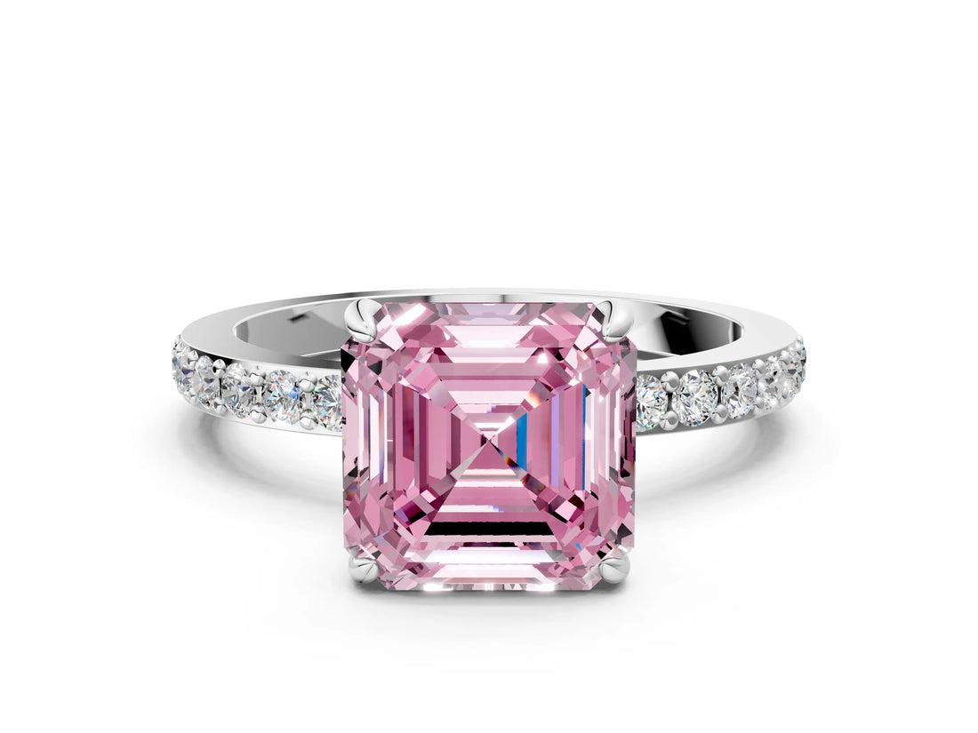 White gold Fancy Pink Asscher Cut Diamond Pavé Engagement Ring with Round  Accents and Prong Setting_58