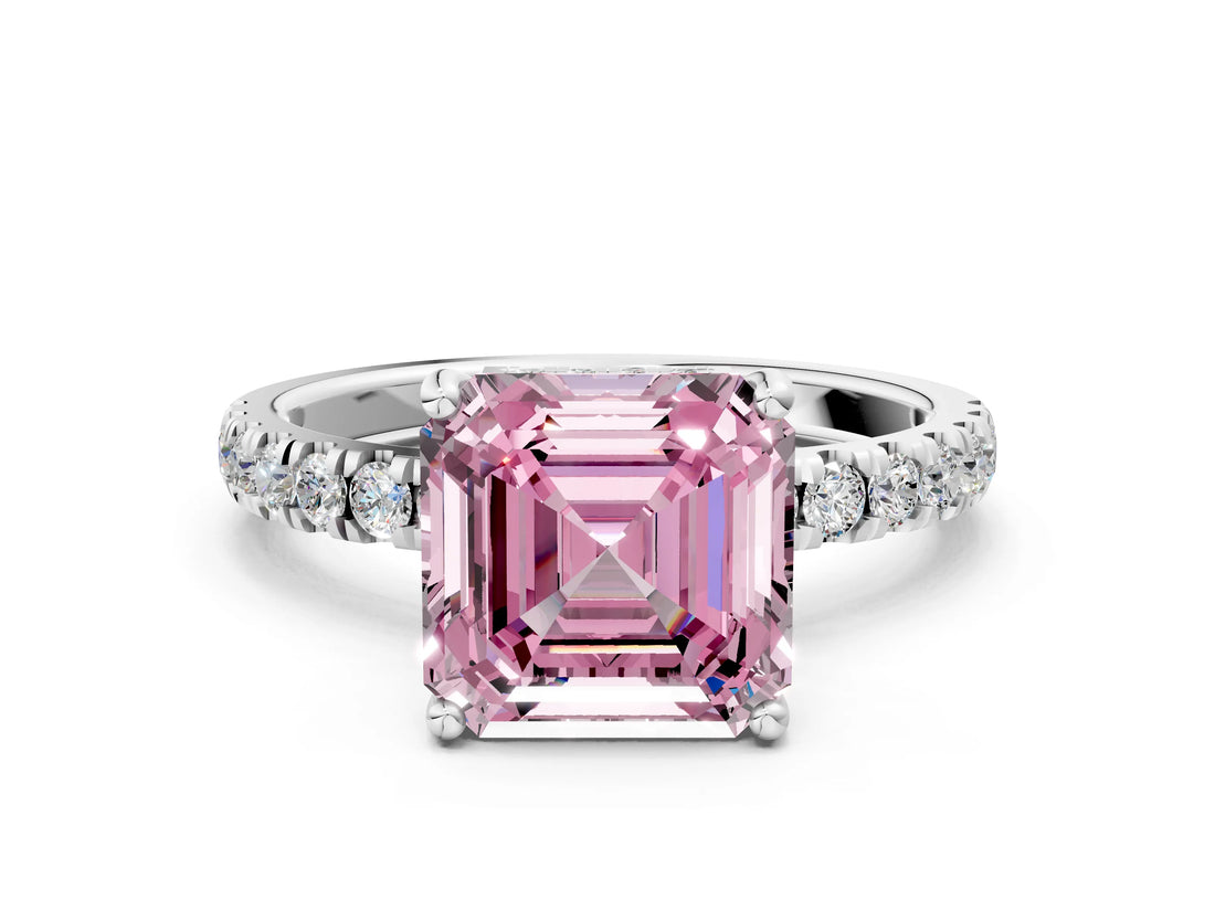 White gold Fancy Pink Asscher Cut Diamond Pave Band Solitaire Ring with Round  and Prong Setting_89