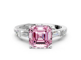 White gold Fancy Pink Asscher  Cut Diamond Ring with Baguette Side Stones, Channel Set Band, and Four-Prong Setting
