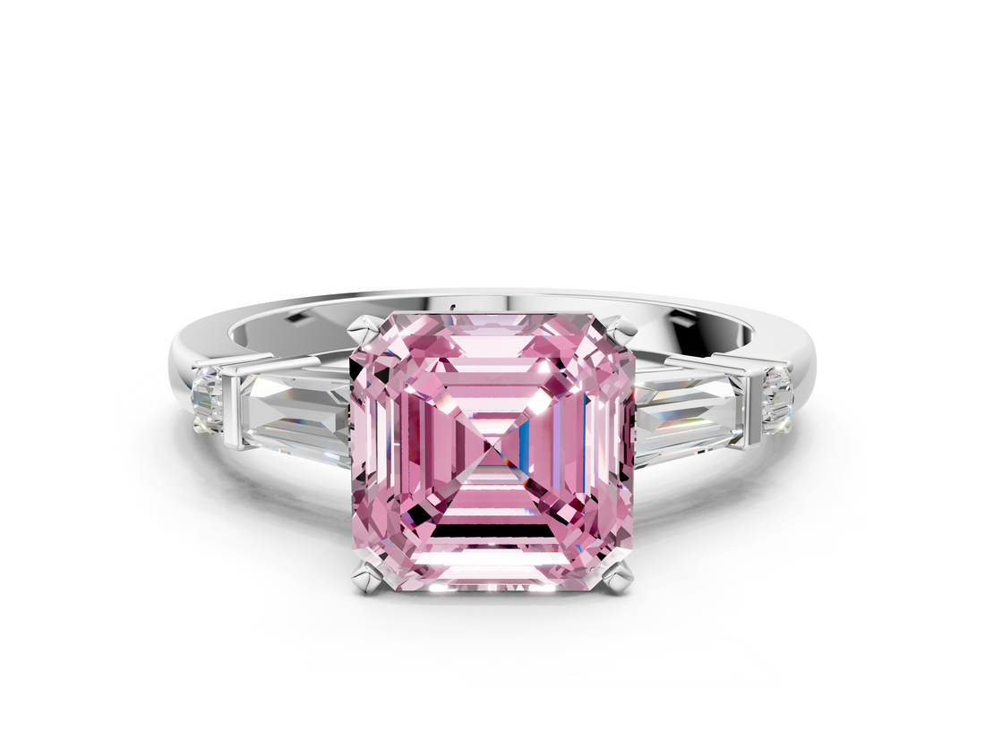 White gold Fancy Pink Asscher  Cut Diamond Ring with Baguette Side Stones, Channel Set Band, and Four-Prong Setting_17