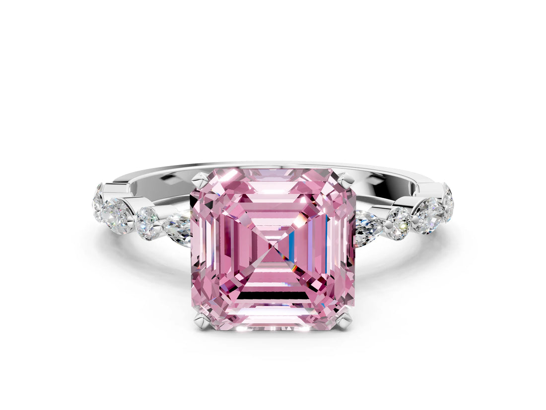White gold Fancy Pink Asscher Cut Diamond Ring with Marquise and Round  Side Stones and Four-Prong Setting_53
