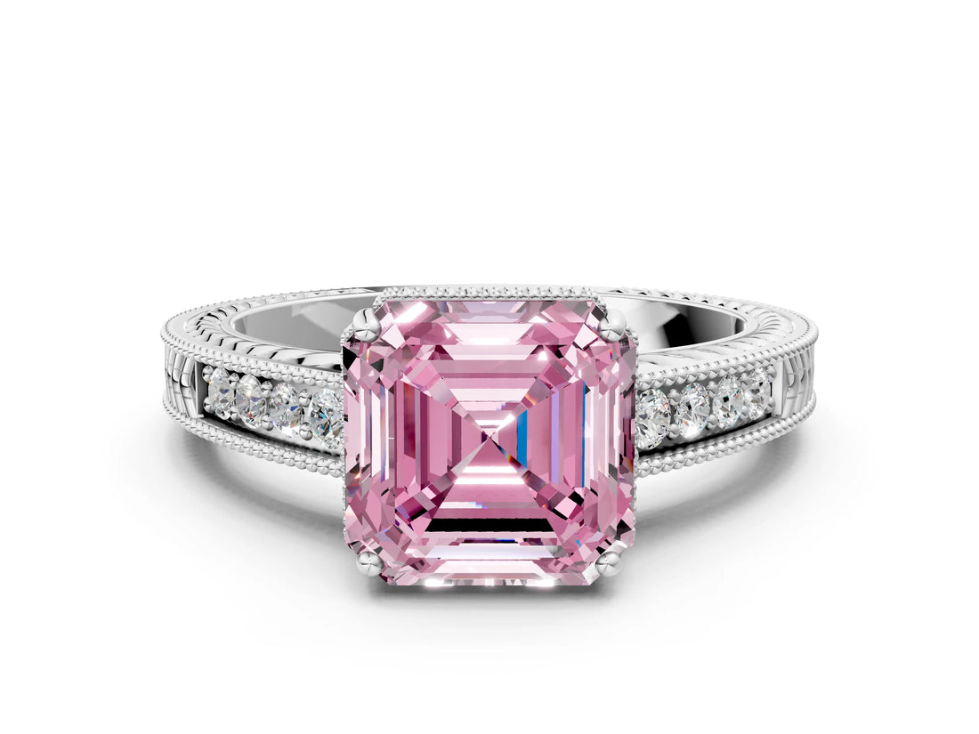 White gold Fancy Pink Asscher Cut Diamond Ring with Milgrain Pavé Band and Four-Prong Setting_32