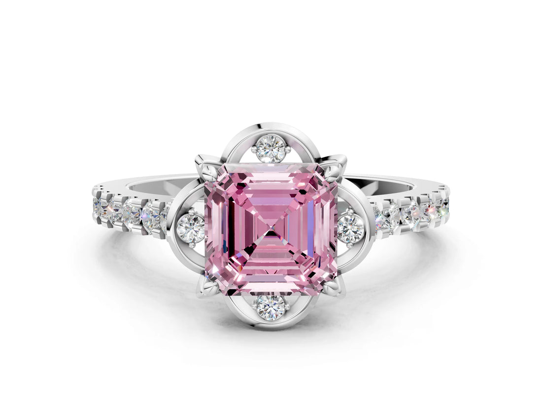 White gold Fancy Pink Asscher Cut Diamond Ring with Pavé Band and Floral Prong Setting_39