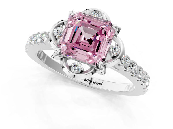 Platinum Asscher Cut Floral Petal Pave Engagement Ring Setting for Fancy Pink Center
