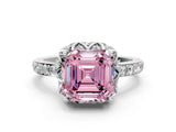 White gold Fancy Pink Asscher Cut Diamond Scalloped Halo Engagement Ring with Round Shared Prong Band_12