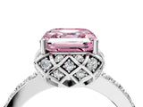 White gold Fancy Pink Asscher Cut Diamond Scalloped Halo Engagement Ring with Round Shared Prong Band_16