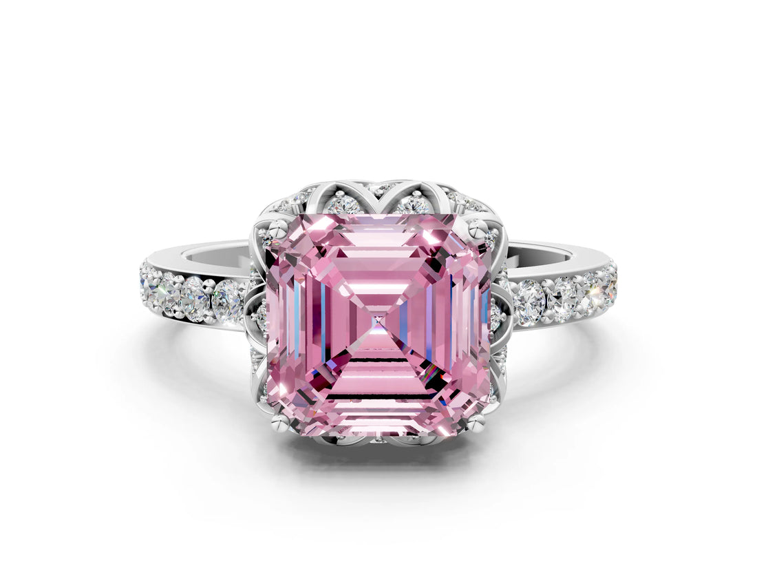 White gold Fancy Pink Asscher Cut Diamond Scalloped Halo Engagement Ring with Round Shared Prong Band_42